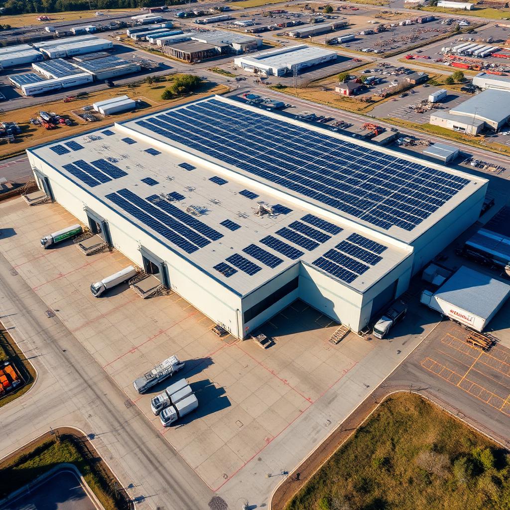 Vista aérea fábrica con paneles solares