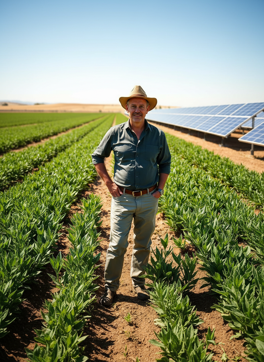 Dueño de campo con paneles solares